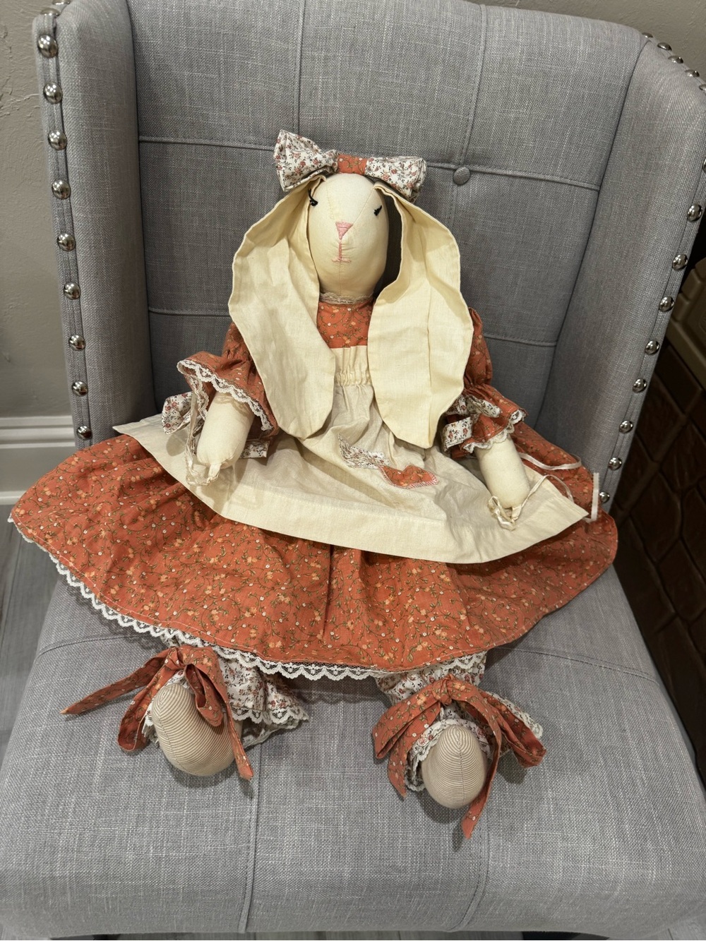 Rust Floral Bunny Stuffed Animal with Cream Dress – Soft Plush Toy